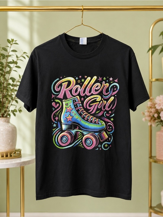 Port and Company Tops - Port & Company Roller Girl Retro Roller Skate Graphic Tee Black Small